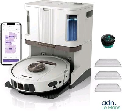 an image of a robotic vacuum cleaner and a phone