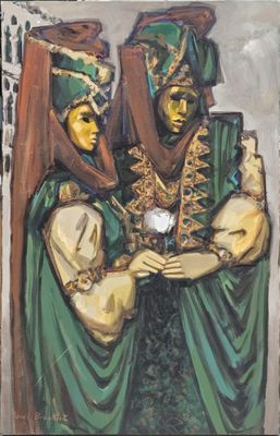 a painting of two people dressed in green and gold