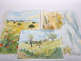 quatre aquarelles représentant un champ de coquelicots et d'arbres