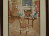 framed painting of a living room with a fireplace and chairs