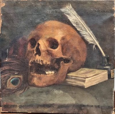 an oil painting of a skull and a feather on a table