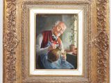 a painting of an old man holding a baby in his lap