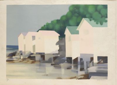 a picture of a painting of some houses by the water