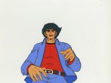 un dessin d'animation représentant un homme vêtu d'une veste bleue et d'un pantalon blanc