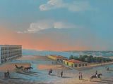tableau représentant une vue de ville avec, au premier plan, un cheval et une calèche