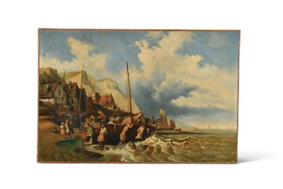 une peinture à l'huile représentant un bateau sur la plage, près d'un village