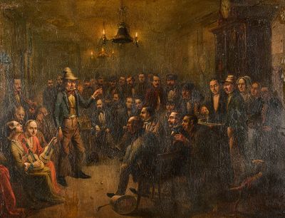 tableau représentant un grand groupe de personnes dans une pièce, avec un lustre en arrière-plan