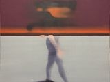 a painting of a man riding a skateboard on the beach