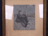 painting of two monkeys sitting on a rock in front of a blue background