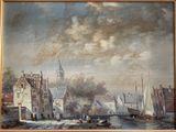 a painting of a harbor scene with boats on the water