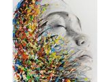 an image of a painting of a woman ' s face with paint splatters on it