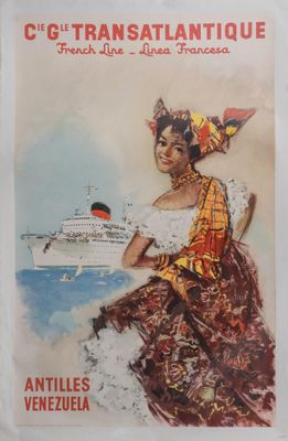 an old french travel poster of a woman in a dress and hat
