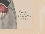 a drawing of a woman in a green coat holding a red apple