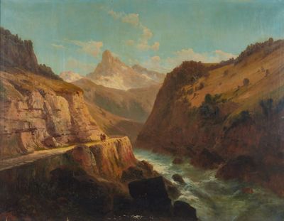 une image représentant un tableau représentant un paysage de montagne, avec une rivière au premier plan et une montagne à l'arrière-plan