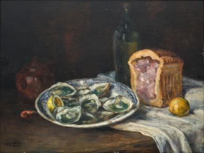 un tableau représentant une assiette de palourdes et du pain posés sur une table