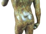 bronze statue of a man holding a fish on a white background