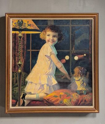 a painting of a little girl playing with a teddy bear