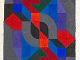 une image représentant un tableau d'un carré orné d'un motif rouge, bleu, vert et rouge