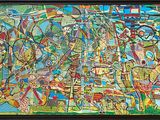 tableau représentant une peinture abstraite colorée, encadrée de noir, accrochée à un mur blanc