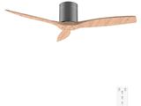 the ceiling fan is made of wood and has a remote control