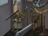 un tableau représentant un télescope et d'autres objets posés sur une table