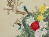 chinese painting of flowers and birds in a vase on a table