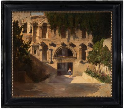 une peinture à l'huile représentant un bâtiment devant lequel passe une femme