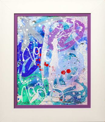 purple and blue abstract painting in a white frame on a wall