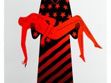 une affiche noire et rouge représentant un homme tenant une femme dans ses bras