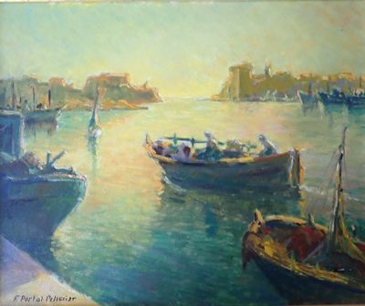 une peinture représentant une scène portuaire avec des bateaux dans l'eau