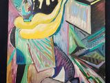 une peinture à l'huile représentant un homme jouant du piano en compagnie d'un chien