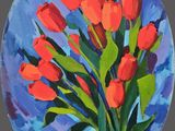 a painting of red tulips in a blue vase