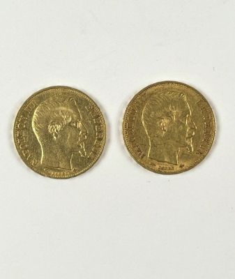 Deux pièces en or de 20 francs "Napoléon III, tête nue". - Photo 1