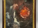 une peinture à l'huile représentant une fleur rouge dans un cadre noir et doré
