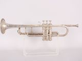 a silver trumpet sitting on top of a clear stand