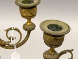 pair of antique brass candelabs with green marbles