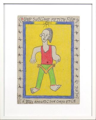 tableau représentant un homme vêtu d'une chemise rouge et d'un pantalon vert, sur fond jaune