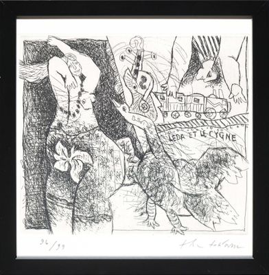 tirage encadré et sous passe-partout représentant un dessin d'un homme et d'une femme