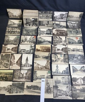several old black and white photographs of a town and a church