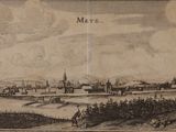un vieux dessin représentant une vue d'une ville vue de loin