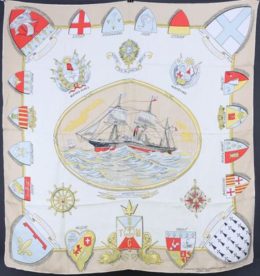 an old handkerchief with a picture of a ship on it
