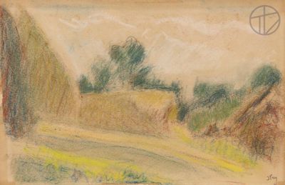 dessin représentant une scène de vie à la ferme, avec des balles de foin et des arbres en arrière-plan