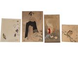 quatre peintures asiatiques représentant des femmes et des oiseaux sur fond blanc