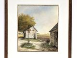an image of a painting of a barn and a tree in a field