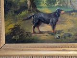 a painting of a dog that is standing in the grass