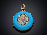 a close up of a blue locke with a flower on it