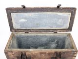 an old wooden chest with a mirror inside of it
