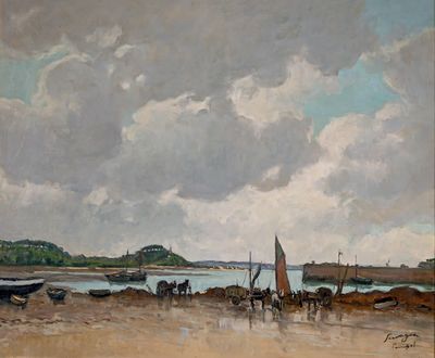 une peinture de bateaux sur la plage au bord de l'eau
