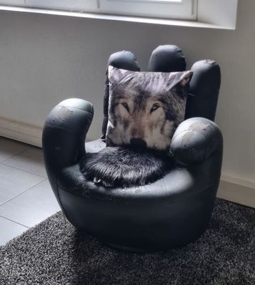 une chaise noire avec un coussin dessus, devant une fenêtre