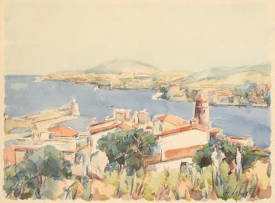 tableau représentant une vue d'une ville avec un plan d'eau en arrière-plan